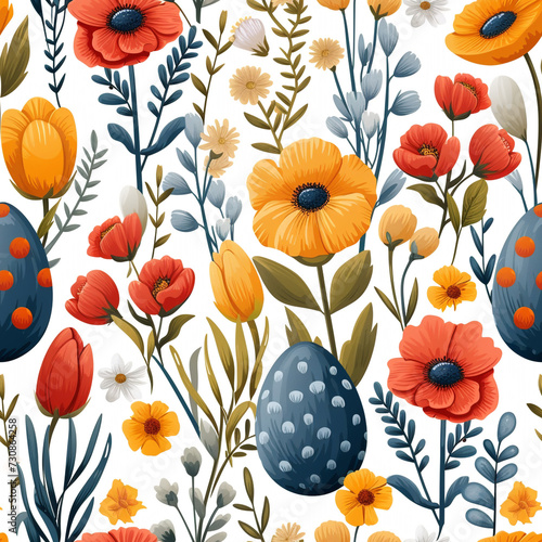 Seamless pattern of watercolor flowers in shades of orange and red  with contrasting blue speckled Easter eggs  evoking the freshness of a spring meadow.