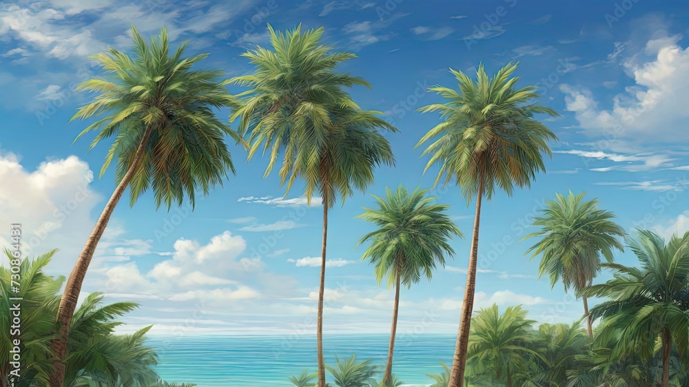 A vibrant 3D illustration featuring tall palm trees against a clear blue sky. Ideal for travel or vacation themes
