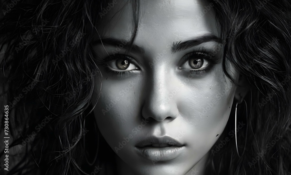 Fototapeta premium A captivating monochrome portrait of a beautiful young woman emanates sensuality in the foreground