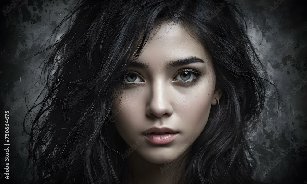 A woman with dark hair and a serious look on a black background A woman with dark hair and a serious look on a black background