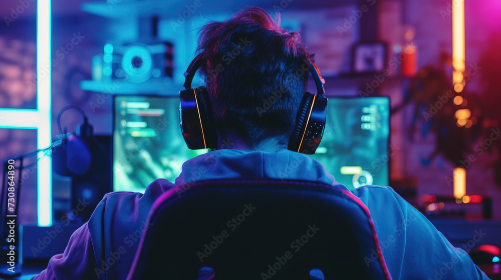 A man playing computer game, multi-colored lights, RGB, headphones and ...