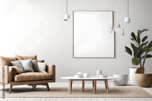 Explore the allure of modern minimalism in a living room setting  featuring Scandinavian influences  an empty wall mockup  and a white blank frame ready for customization.