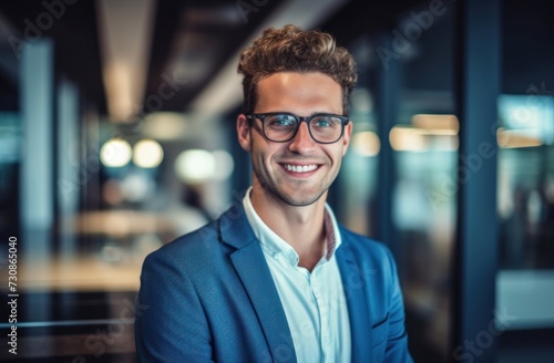 a happy Businessman wearing glasses , Confident entrepreneur, against blurred background