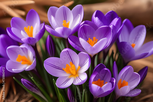Purple Crocus Flowers in Full Bloom Against Beautiful Blurry Background with Soft Focus Effect