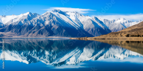 A mountain range reflected in a pristine lake