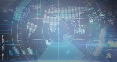 Round scanner over digital icons and world map on blue background