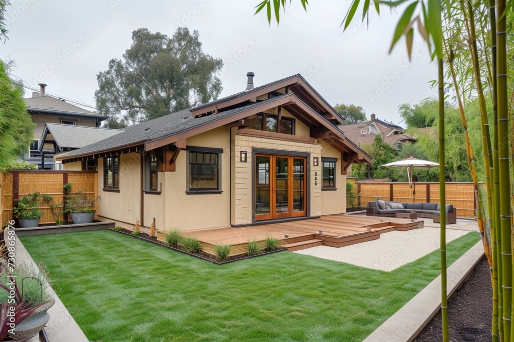 A side angle view of a craftsman house in a soft almond beige, with a backyard featuring an Asian-inspired Zen tea garden with a bamboo fence.