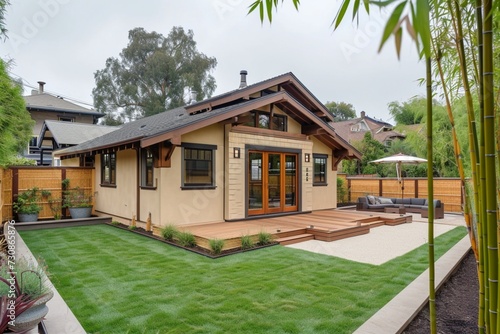 A side angle view of a craftsman house in a soft almond beige, with a backyard featuring an Asian-inspired Zen tea garden with a bamboo fence. © Tae-Wan