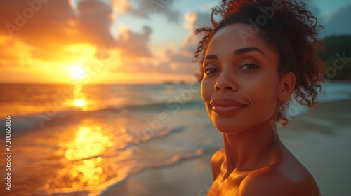 Beautiful naked african american woman at sunset on the beach.