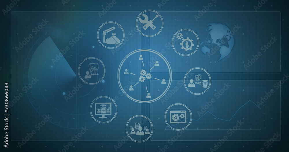 Image of network of digital icons over globe spinning on screens in background Image of network of digital icons over globe spinning on screens in background