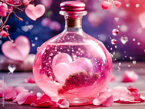 glass potion bottle filled with pink dust. for valentine's day, february 14, women's day, wedding. High quality photo