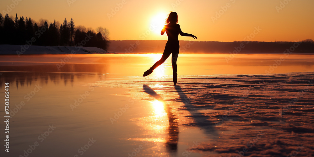Figure skater practicing on a frozen river at sunrise