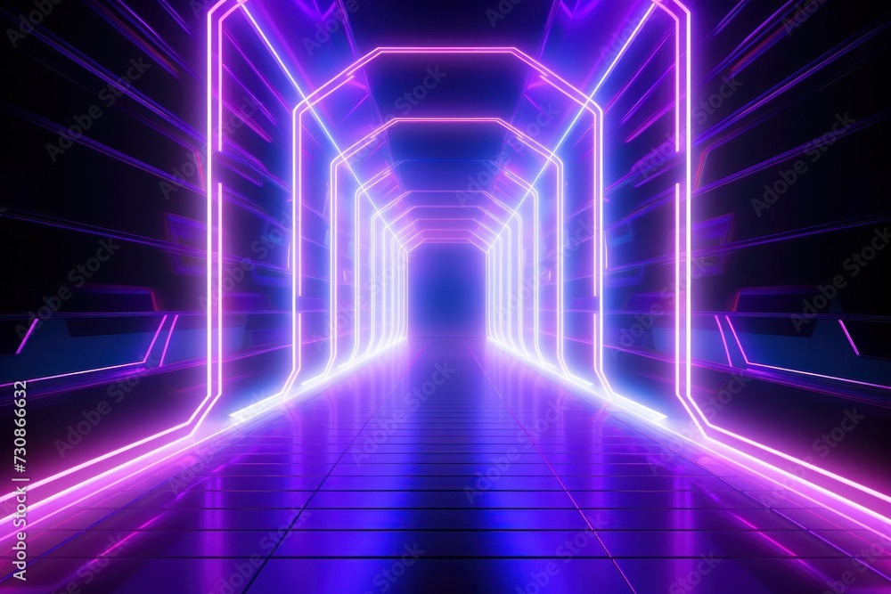 abstract background of futuristic corridor with purple and blue shiny glowing light , tunnel background