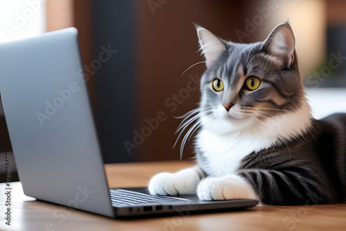 A gray and white cat sits on a table and looks at the open laptop on the table.