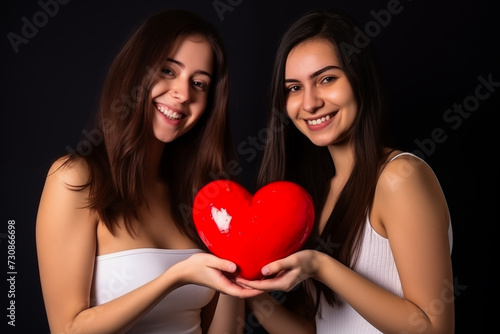 Two young women in love holding big red heart symbol