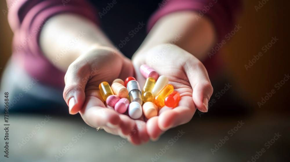 Nourishing Touch: Caring Hand of a Young Woman Holding a Bundle of Vital Vitamin Pills Nourishing Touch: Caring Hand of a Young Woman Holding a Bundle of Vital Vitamin Pills