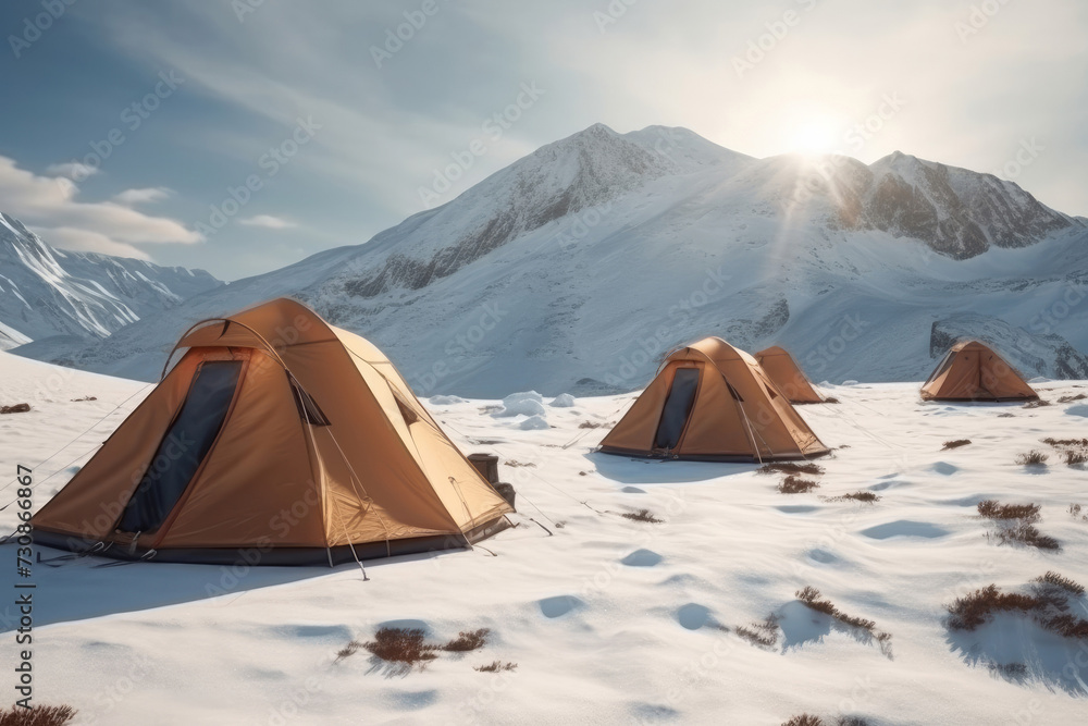 Tent near snowy mountains in winter