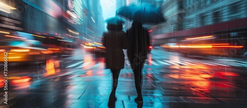 Creative camera captures a zoomed and blurred image of a couple walking with an umbrella in rainy New York City. photo