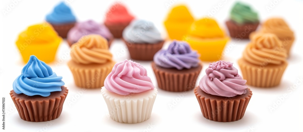 Group of cupcakes with colored frosting on white background