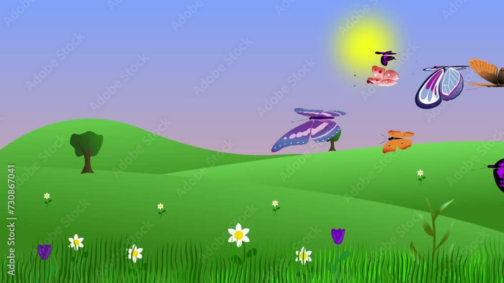 Summer environment animation with butterflies and fields, flat graphic cartoon background Summer environment animation with butterflies and fields, flat graphic cartoon background