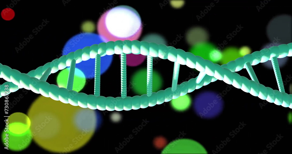 Image of dna strand spinning with glowing light trails over dark background