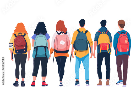 People with backpacks, tote bags, rucksacks from behind, back view. Men, women with knapsacks, purses set. Tourists and citizens backside. Flat graphic vector illustration isolated on white background