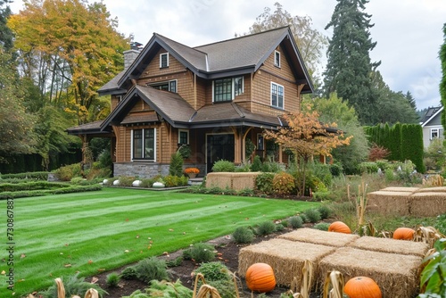 A side angle view of a craftsman house in a deep cinnamon brown, with a backyard boasting an autumn harvest festival theme with hay bales and pumpkins.