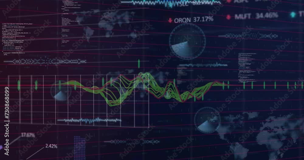 Animation of financial data processing on black background Animation of financial data processing on black background