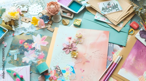 Colorful Scrapbooking and Craft Materials Spread