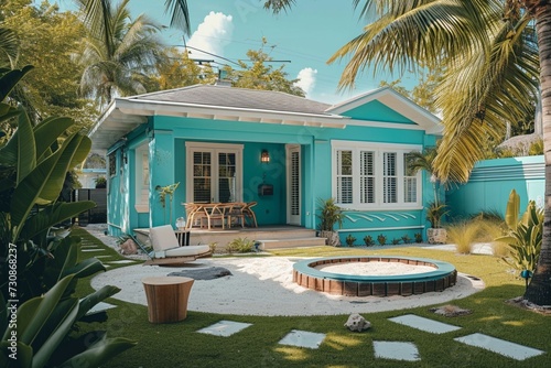 A side angle view of a craftsman house in a vibrant turquoise, with a backyard featuring a Caribbean beach theme with a sand pit and palm trees. photo