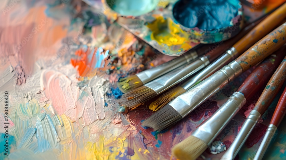 Artist's Palette with Paint Brushes and Mixed Colors