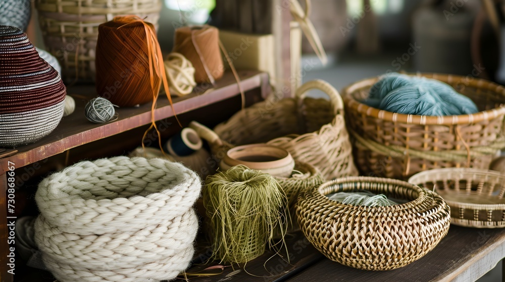Assortment of Handcrafted Baskets and Yarn on Shelves