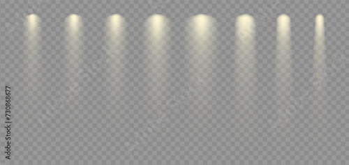 Spot lights shine to illuminate podium. Stage backdrop electric lightning. White ray or sun beam effect on transparent png vector. Music club projectors