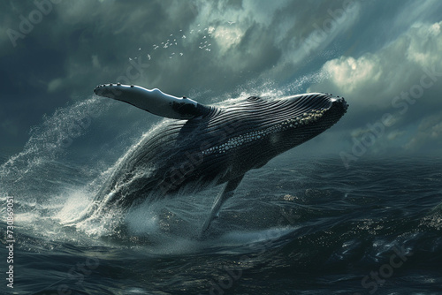 A large whale jumps out of the water of the sea, selective focus © Tetiana Kasatkina