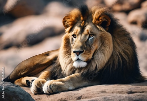 AI generated illustration of a majestic adult lion resting on a rocky outcrop