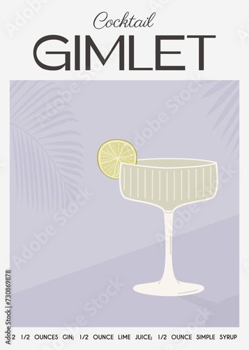Gimlet Classic Cocktail garnish with lime slice. Classic alcoholic beverage recipe wall art print. Summer aperitif poster in muted color. Minimalist alcoholic drink placard. Vector flat illustration.