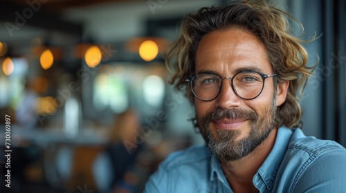 Stylish man with long hair and glasses in a cafe.