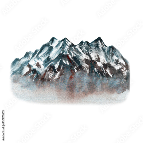 Mountain formation background. Design element. Snowy tops. Abstract Alps watercolor illustration isolated on white background. Hand drawn element for tourism, outdoors, off-roading, camping designs