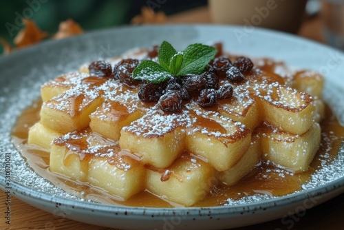 Plate of Belgian waffles topped with caramelized apples and raisins, garnished with mint.