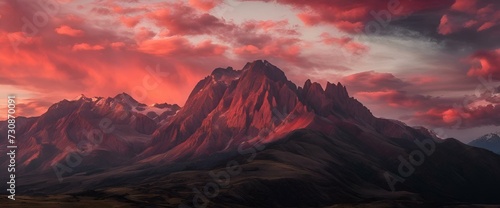 Mountain range with a dramatic sunset sky, AI-generated.