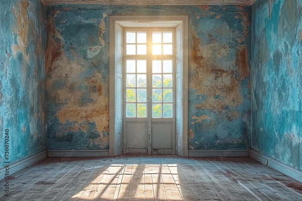 An empty room with a painted wall. The interior of a room with unfinished repairs