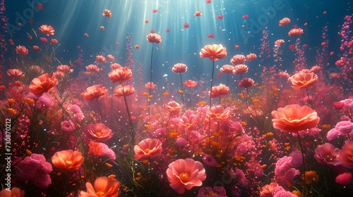 AI generated illustration of the ocean with flowers and sunbeams reflecting on the water surface © Wirestock