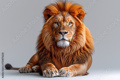 Lion King - A majestic lion with a mane of orange and brown, sitting on a white background, ready to rule the jungle. Generative AI © Bipul