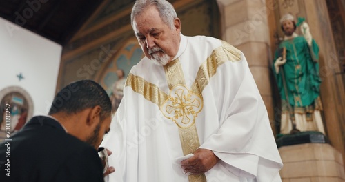 Konstfotografi Religion, church and man with priest for communion for ceremony, service and sermon at altar
