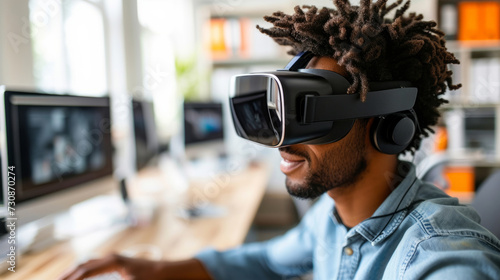 An enthusiastic young male explores virtual environments, wearing a VR headset in a bright, contemporary office setting with computers in the background.