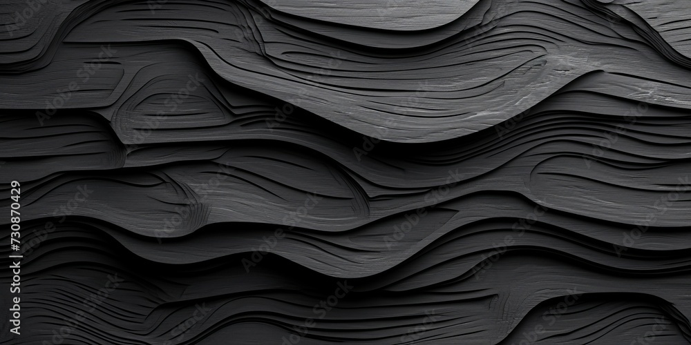 Wood art background illustration - Abstract closeup of detailed organic black anthracite gray wooden waving waves wall texture banner wall, overlapping, Generative AI  - obrazy, fototapety, plakaty 