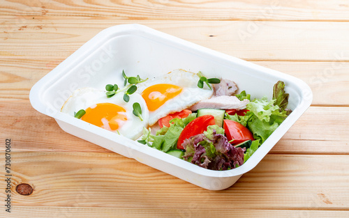 Fried eggs and turkey. Healthy diet. Takeaway food. On a wooden background.
