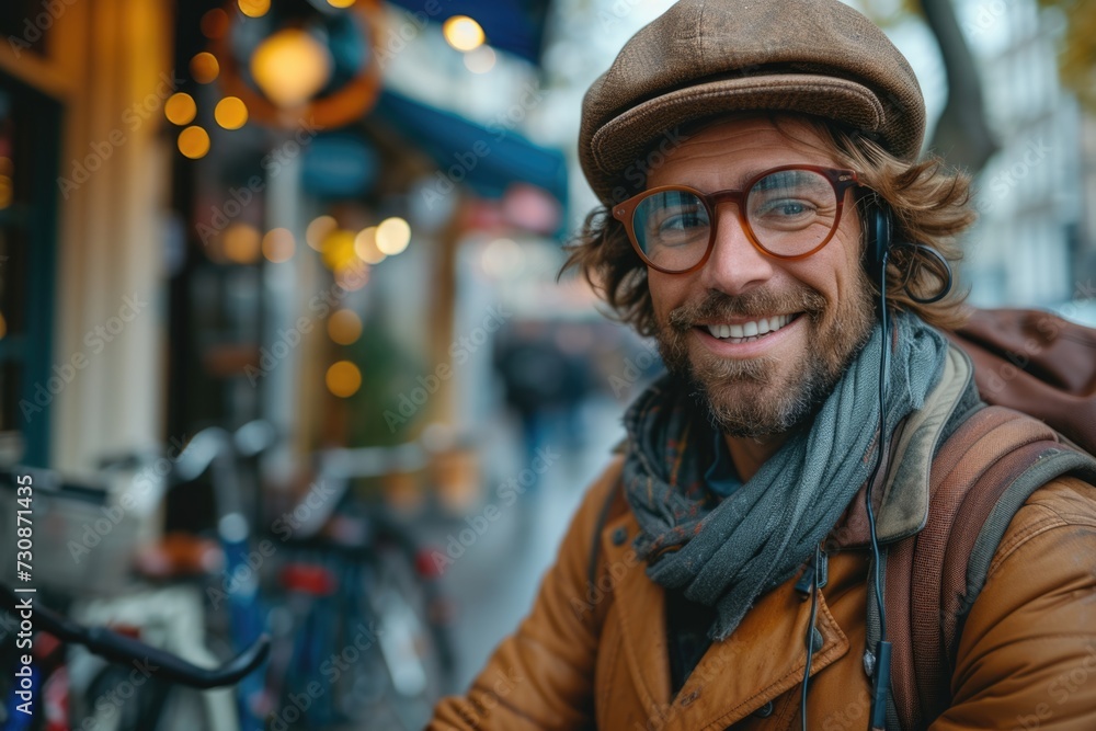 Smiling man with vintage style in urban setting