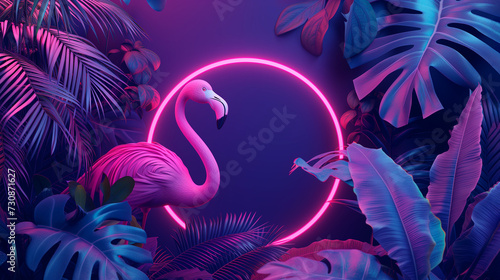 Glowing neon light with tropical monstera leaf and pink flamingo. Leaves and branches of palm trees. Generative AI. Neon frame blank space for text, flat lay, view from above