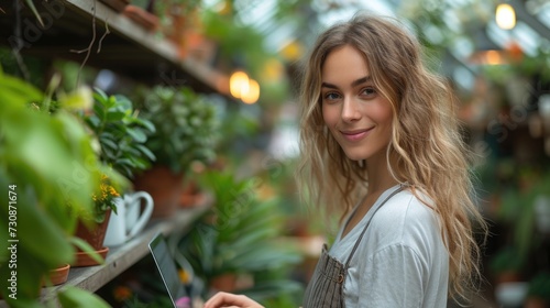 Smiling woman in a greenhouse with plants. Casual indoor portrait with natural environment